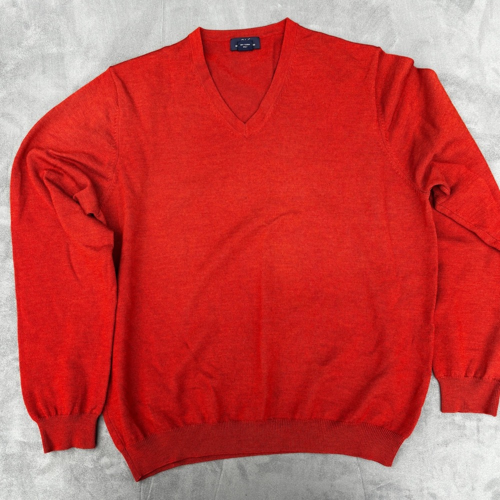 Brooks Brothers V-Neck Sweater Large Orange Merino Wool Stretch Pullover Mens